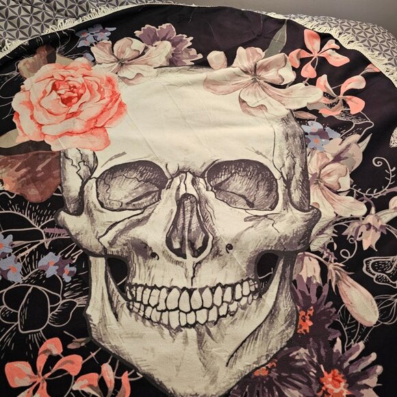 Round Floral Skull Print Blanket/Beach Towel/Tablecloth W Fringe 60" Terrycloth - Picture 3 of 4